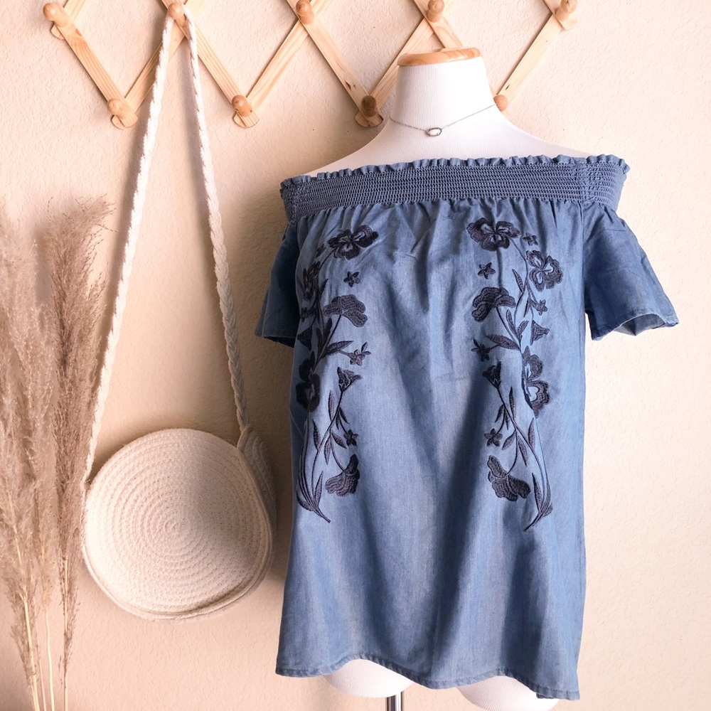 Love Tree Chambray Embroidered Off Shoulder Top